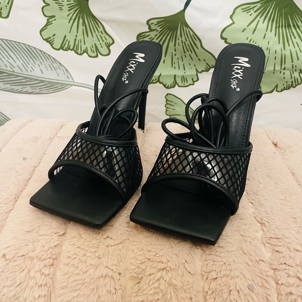 Miss Lola lace up Fishnet heels